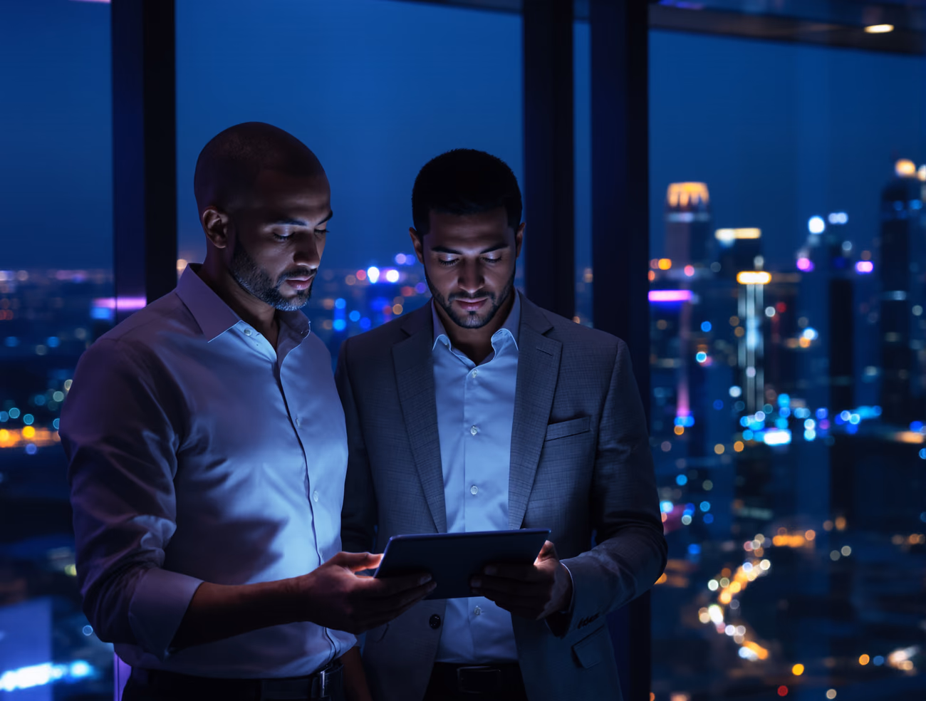 Orvanta specialists reviewing an AI dashboard against the Dubai skyline at night