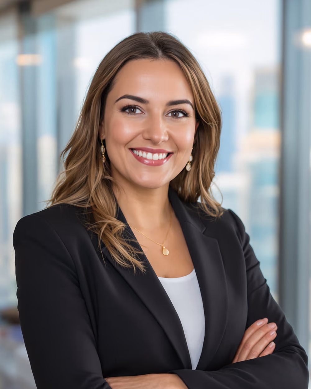 A Dubai real estate professional with the city skyline behind her